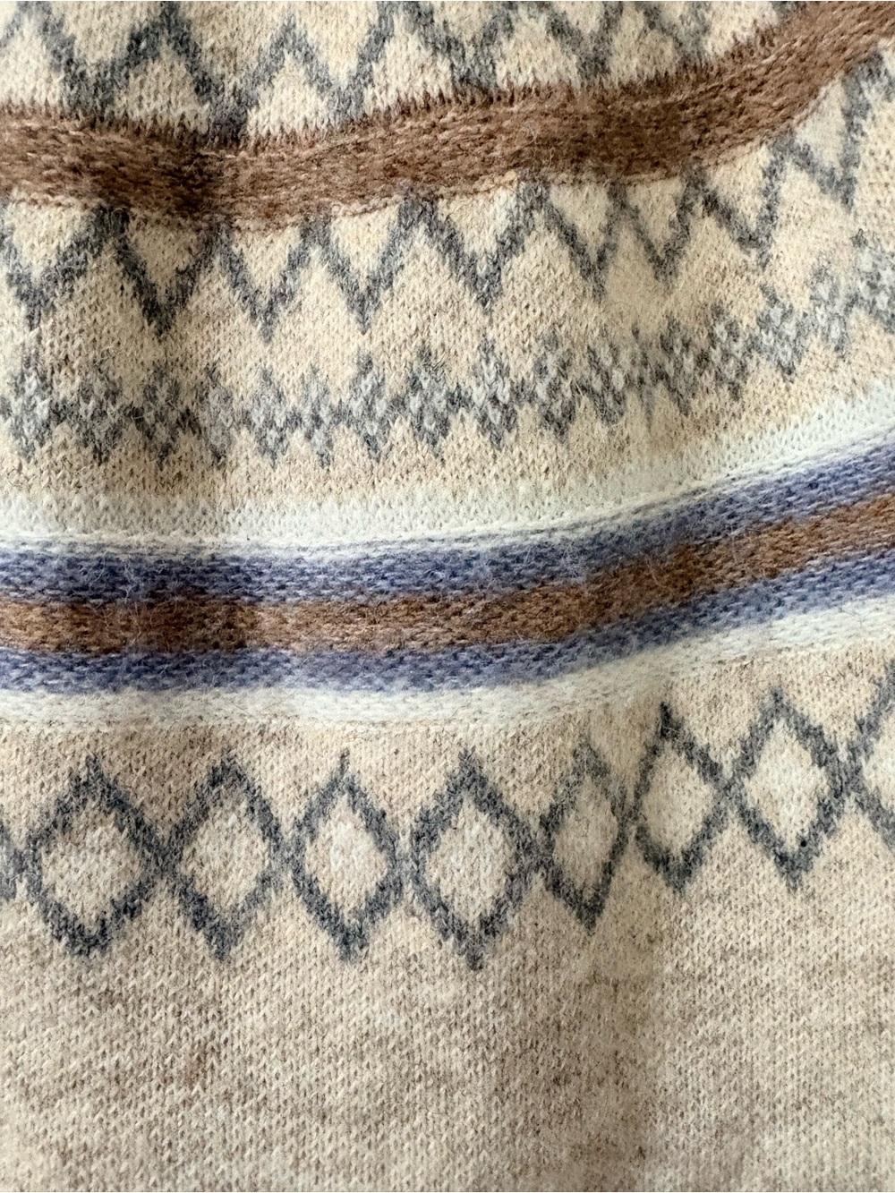 Marled Fair Isle Wool Blend Mock Turtleneck Sweater Cream, blue & tan. Medium - Picture 7 of 14